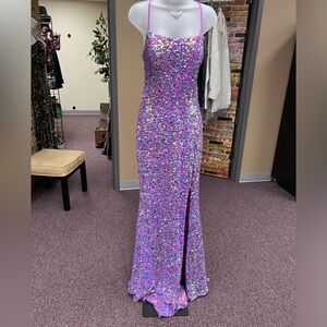 Multi color sequins prom dress w/slit & lace up back